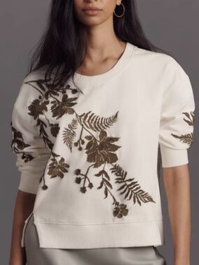 Anthropologie Fern & Flower Crewneck Embroidered Sweater Size Small